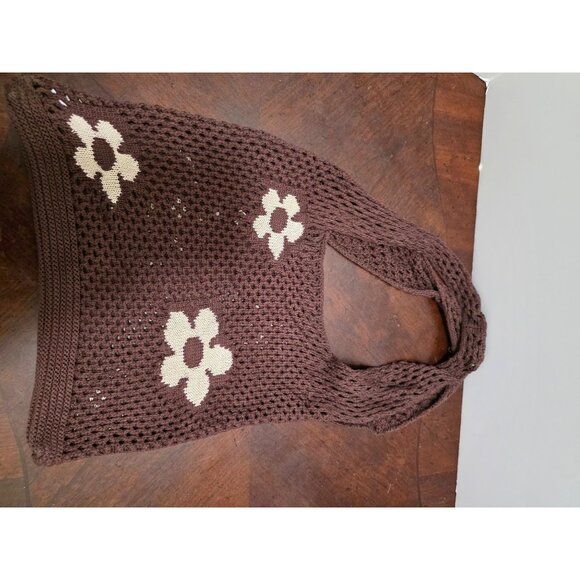 Urban Outfitters Crochet Brown Mesh Shoulder Bag Cream Floral Pattern Size M - Picture 3 of 9